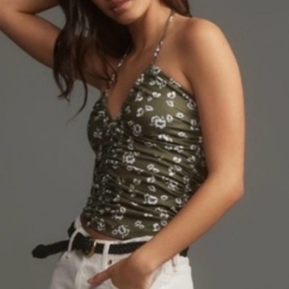 🟤NWT ANTHROPOLOGIE PORRIDGE Malena Tie-Neck Ruched Tank Top in Guacamole
